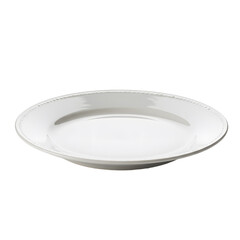Elegant white ceramic plate with a beaded rim angled view.