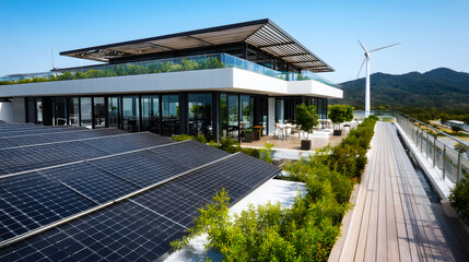 Modern Eco-Friendly Building Showcasing Solar Panels and Wind Turbine in Nature