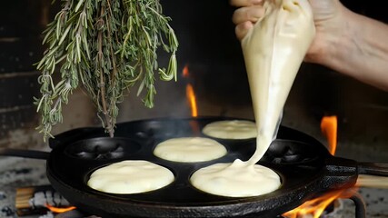 Person Making Pancakes on a Cast Iron Pan Over an Open Fire