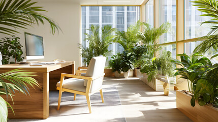 Bright Indoor Office Space with Lush Green Plants and Natural Light