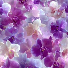 Vibrant seamless pattern of assorted purple, pink, and white orchids with yellow centers flower floral