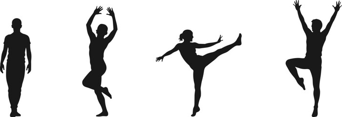 Silhouette of male and female dancers, modern dance poses, ballet movements, expressive performance, fitness art, lifestyle creativity, body balance, choreography