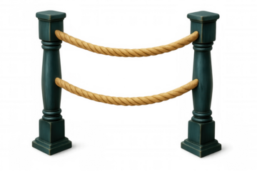 Green wooden poles connecting brown rope forming museum barrier, signaling restricted access on clean background