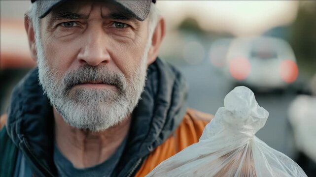 Man holding a plastic bag to symbolize environmental awareness and responsibility. The  suggests themes of sustainability, waste management, and the importance of keeping public spaces clean.