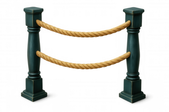 Green wooden poles connecting brown rope forming museum barrier, signaling restricted access on clean background