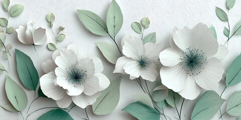 White anemone flowers with teal centers and soft green leaves on textured background white flowers blossoms