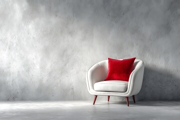 White armchair with red cushion against light textured gray wall and concrete floor furniture interior