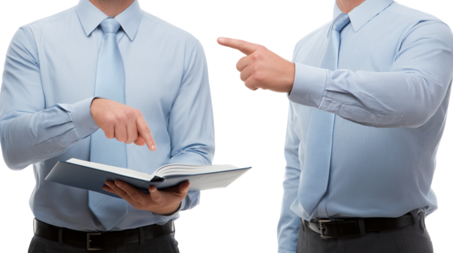 Two men pointing at book and each other