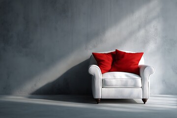 White armchair with two red cushions in a room with concrete wall and light image photo