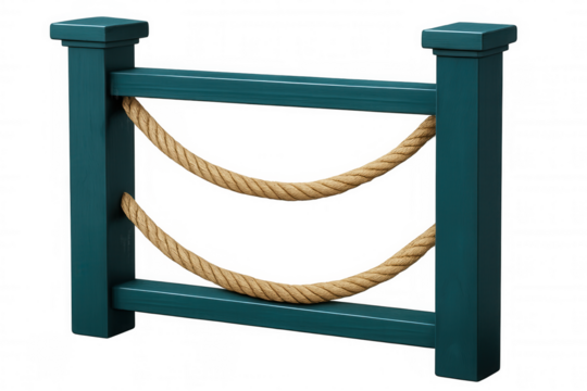 Weathered wooden fence posts connected by nautical rope, highlighting rustic architectural elements against transparent backdrop