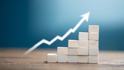White Arrow Graph Moving Upward Over Wooden Blocks Staircase growth success