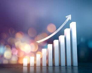 White bar chart with a light arrow showing positive financial growth and progress business finance