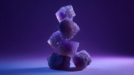 Abstract Stack of Purple and Blue Crystal Cubes Levitating on a Gradient Violet Background