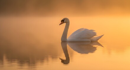 Fototapeta premium Elegant White Swan Swimming at Sunset