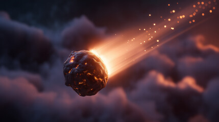 Glowing volcanic bomb mid flight with cracking surface and ember trails against hazy ash filled sky