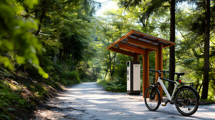 Bicycle Station Resting in Natural Setting with Eco-Friendly Charging Options