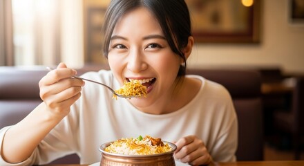 ビリヤニを美味しそうに食べる日本人女性