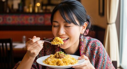 ビリヤニを美味しそうに食べる日本人女性