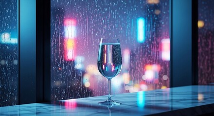 Elegant drink still life for celebrations, romantic evenings. Wine glass with sparkling beverage against rainy city view. Perfect for upscale bar promotion or stylish invites.