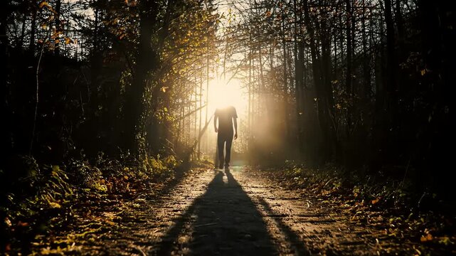 Journey's Embrace: A solitary figure strides down a sun-dappled path, lost in the heart of a woodland scene, bathed in the warm glow of sunlight.