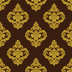 Seamless Damask Pattern with Golden Floral on Black Background for Luxury Classic Wallpaper and Tile Design