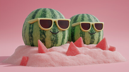 Two cheerful watermelons wearing yellow sunglasses and smiling faces sit on a mound of pink sugar with red candy peaks - Generative AI