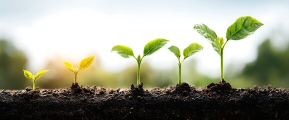 Young plants in soil showing growth stages with bright sky and blurred trees seedling sprout