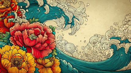 An intricate illustration depicts vibrant floral blooms alongside stylized waves, evoking a sense of natural power and serene beauty through detailed linework and warm tones.