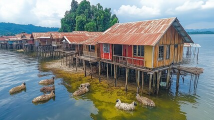 Fototapeta premium Stilt Houses and Sheep in Water