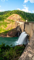 Obraz premium Dam waterfall, green hills, blue water