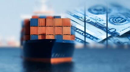 freight cargo ship approaching port with digital overlay showing tariffs and fees