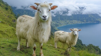 Two Goats on Hillside Overlooking Lake and Mountains