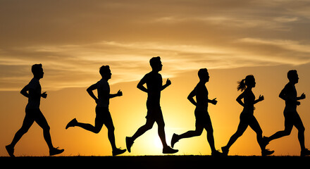 Obraz premium Silhouette of a group of people running together during a beautiful golden sunset, embodying a healthy and active lifestyle.
