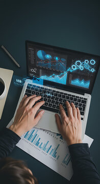 Analyzing Data A Close-Up of Hands Typing on a Laptop Displaying Charts and Graphs