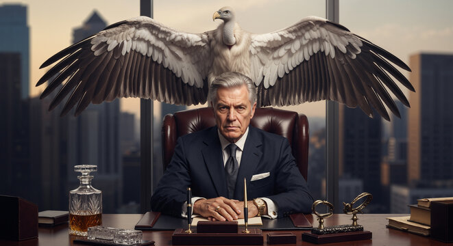 A serious, powerful businessman sits at his desk in an office, a large vulture perched behind him with its wings spread. The scene conveys a sense of authority and dominance within a corporate office