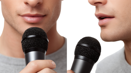 Two people speaking into microphones