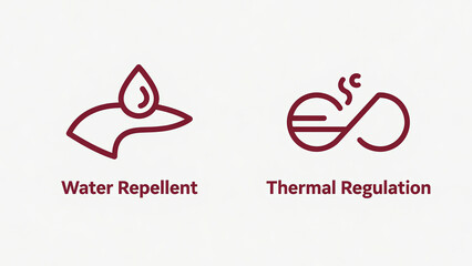 Water repellent and heat regulating icons: representing resistance to moisture adhesion and intelligent temperature regulation, used for outdoor clothing and high-end fabric scenes.