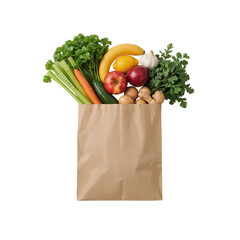 A vibrant brown paper bag filled with an assortment of fresh produce against black background