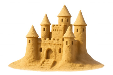 Fototapeta premium Intricate sandcastle with towers and turrets rising proudly against a transparent backdrop, evoking summer fun and creativity