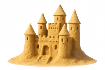Intricate sandcastle with towers and turrets rising proudly against a transparent backdrop, evoking summer fun and creativity