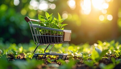 Shopping cart filled plant eco consumerism. Eco friendly purchase, sustainable market promoted. Green product innovation, responsible consumption. New lifecycle starts with shopping at responsible