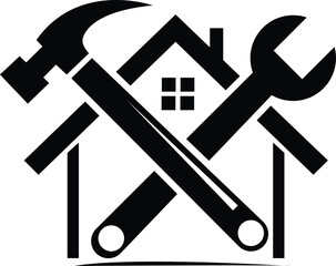 Home repair and real estate business concept with a house, tools, and key vector icon symbol illustration