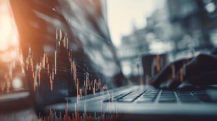 A dynamic visualization of financial data overlays a modern workspace, suggesting the interconnectedness of technology and economic trends, evoking a sense of progress and analytical insight.
