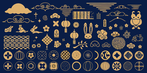 Mid Autumn Festival Decorative Elements with Rabbits Lanterns Clouds and Floral Designs
