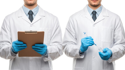 Two scientists holding tools in lab coats
