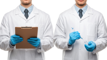 Two scientists holding tools in lab coats