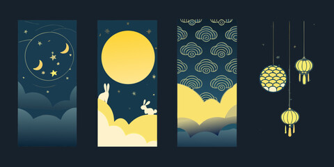 Mid Autumn Festival Illustration with Moon Rabbits Clouds and Lanterns