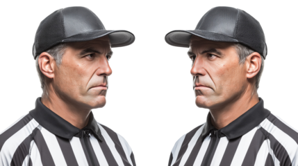Two referees with striped shirts and caps