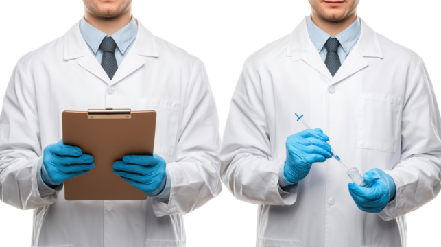 Two scientists holding tools in lab coats