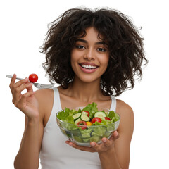 Radiant woman enjoying a healthy salad promoting wellbeing and mindful eating habits